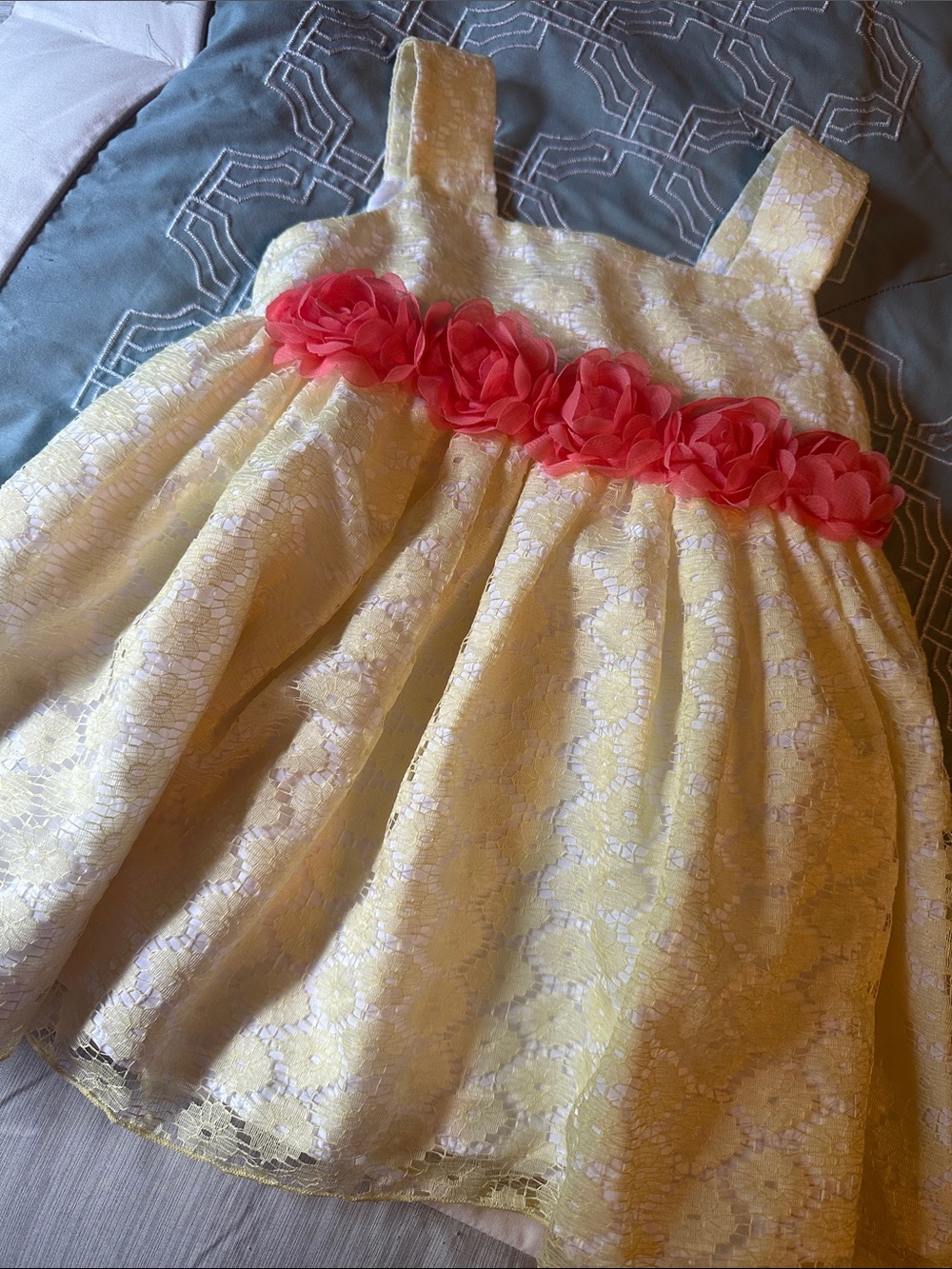 Girls Yellow Lace Dress with Coral Flower Waistband, size 12m